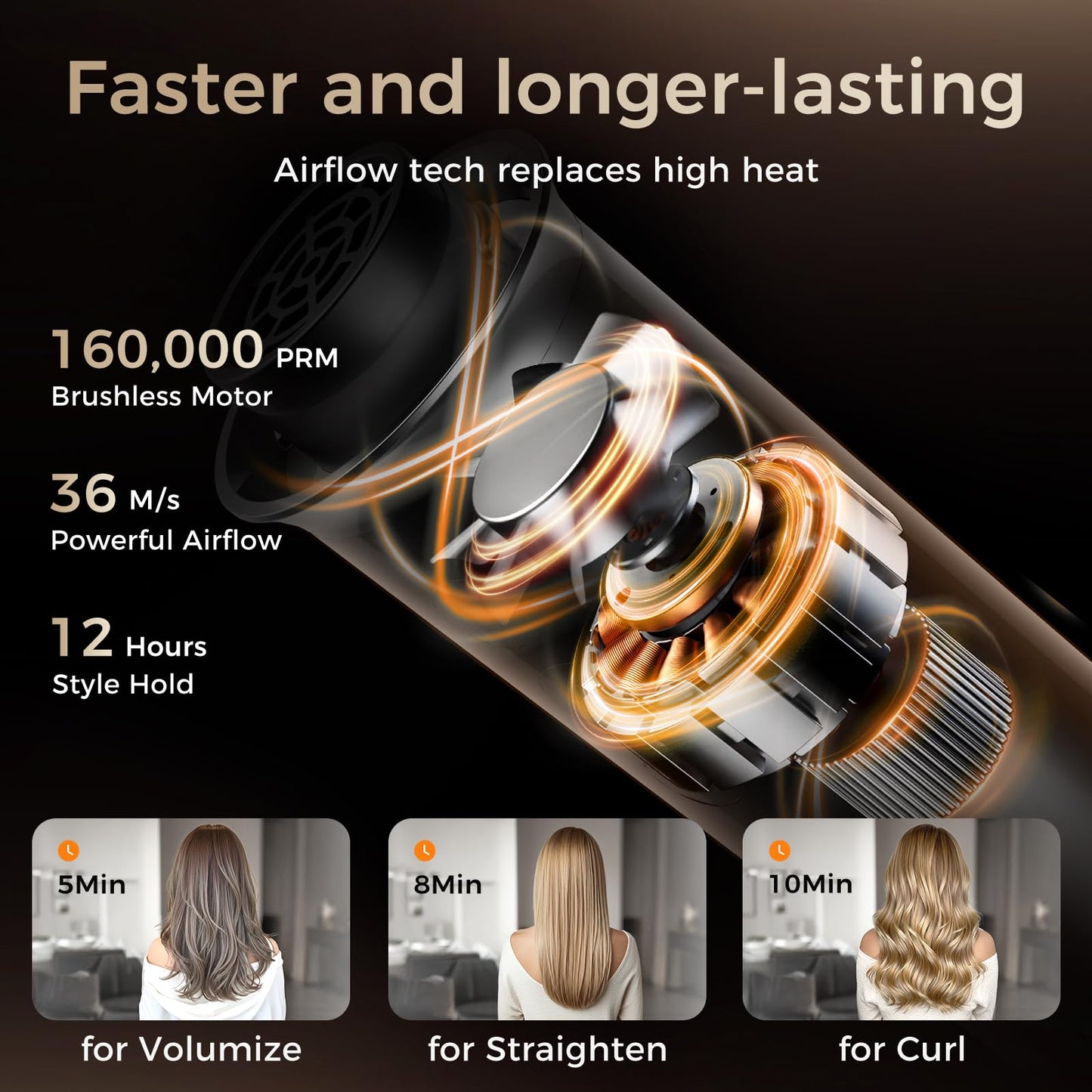 All-in-One Air Styler - Auto Curl, Straighten, Volumize, Dry - 160000 RPM High-Speed for Faster Styling - Reduces Heat Damage & Frizz Hair Styling Irons - Ionic Blow Dryer Brush for All Types (Nickel)