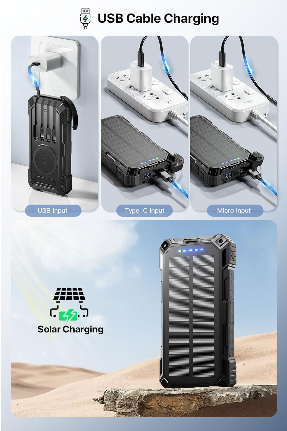 jskei Power Bank 49800mAh Solar Portable Charger Wireless Charging USB-C 15W Fast Charging with 4 Built-in Cables LED Flashlight Battery Pack Compatible with iPhone, iPad, Galaxy, Perfect for Camping
