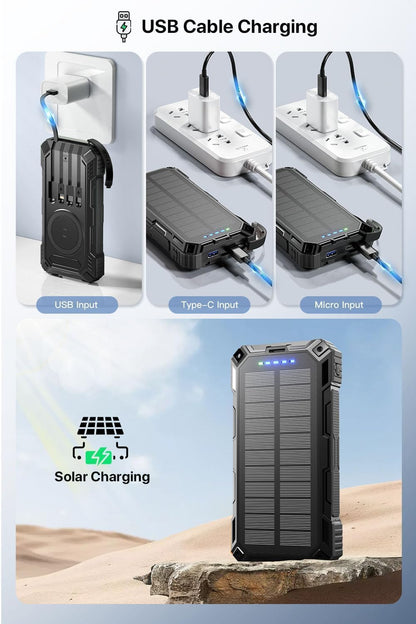 jskei Power Bank 49800mAh Solar Portable Charger Wireless Charging USB-C 15W Fast Charging with 4 Built-in Cables LED Flashlight Battery Pack Compatible with iPhone, iPad, Galaxy, Perfect for Camping