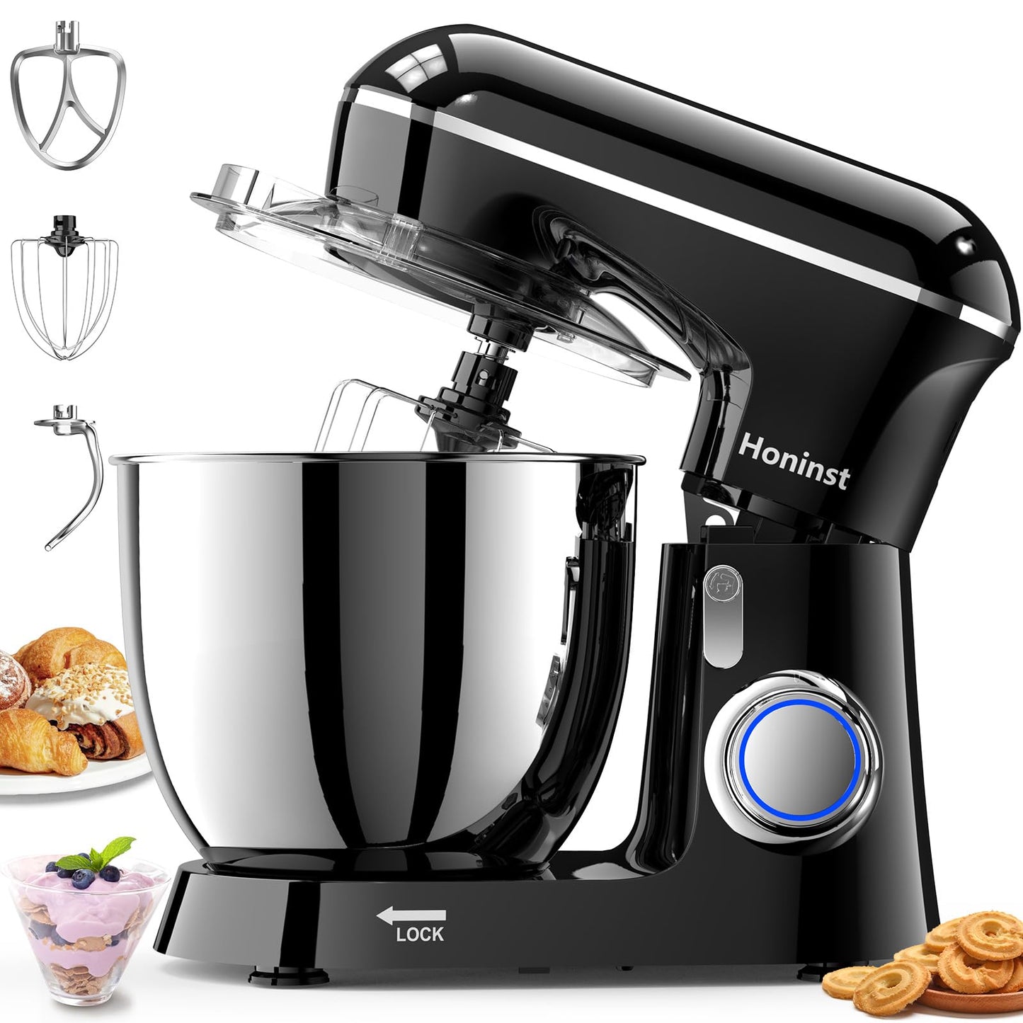 Honinst Stand Mixer, 6.5QT 10-Speed 660W Tilt-Head Electric Stand Mixer, 3-In-1 Kitchen Mixer with Bowl, Dough Hook, Whisk and Beater, Food Mixer for Baking, Cake and Most Home Cooks, Black