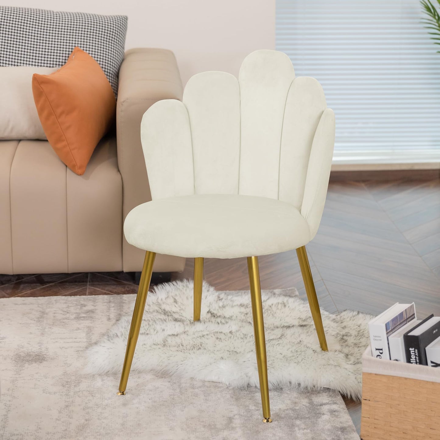 BOWTHY Vanity Chair for Makeup Room - Midcentury Modern Accent Chair for Living Room Bedroom, Makeup Chair with Back Support Velvet Chair with Gold Legs (Cream)