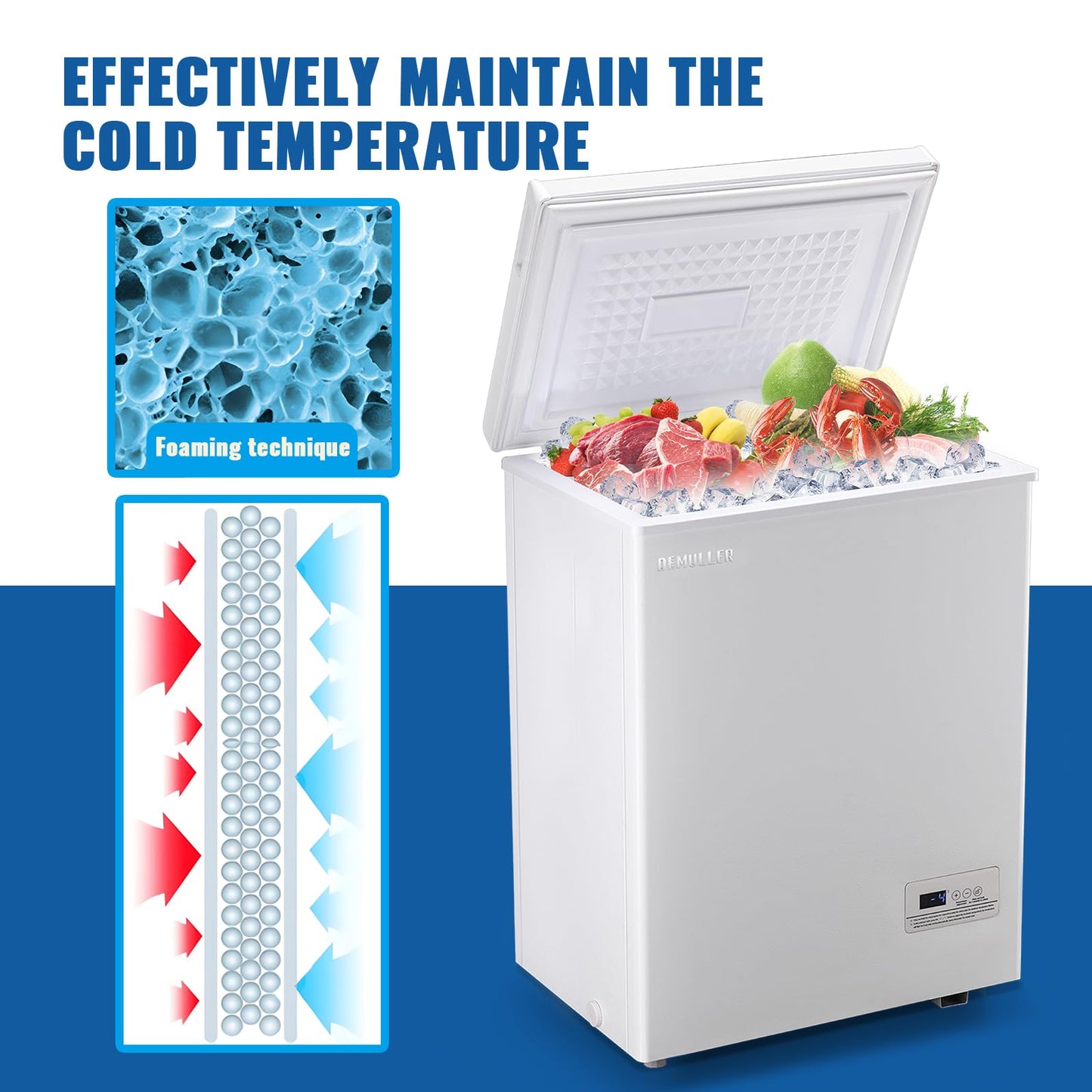 DEMULLER 63L Mini Deep Freezer with Electronic Temperature Control Panel Small Chest Freezers with Two Baskets White (-12℉ to 50℉) Ideal for Home Kitchen Dorm Office