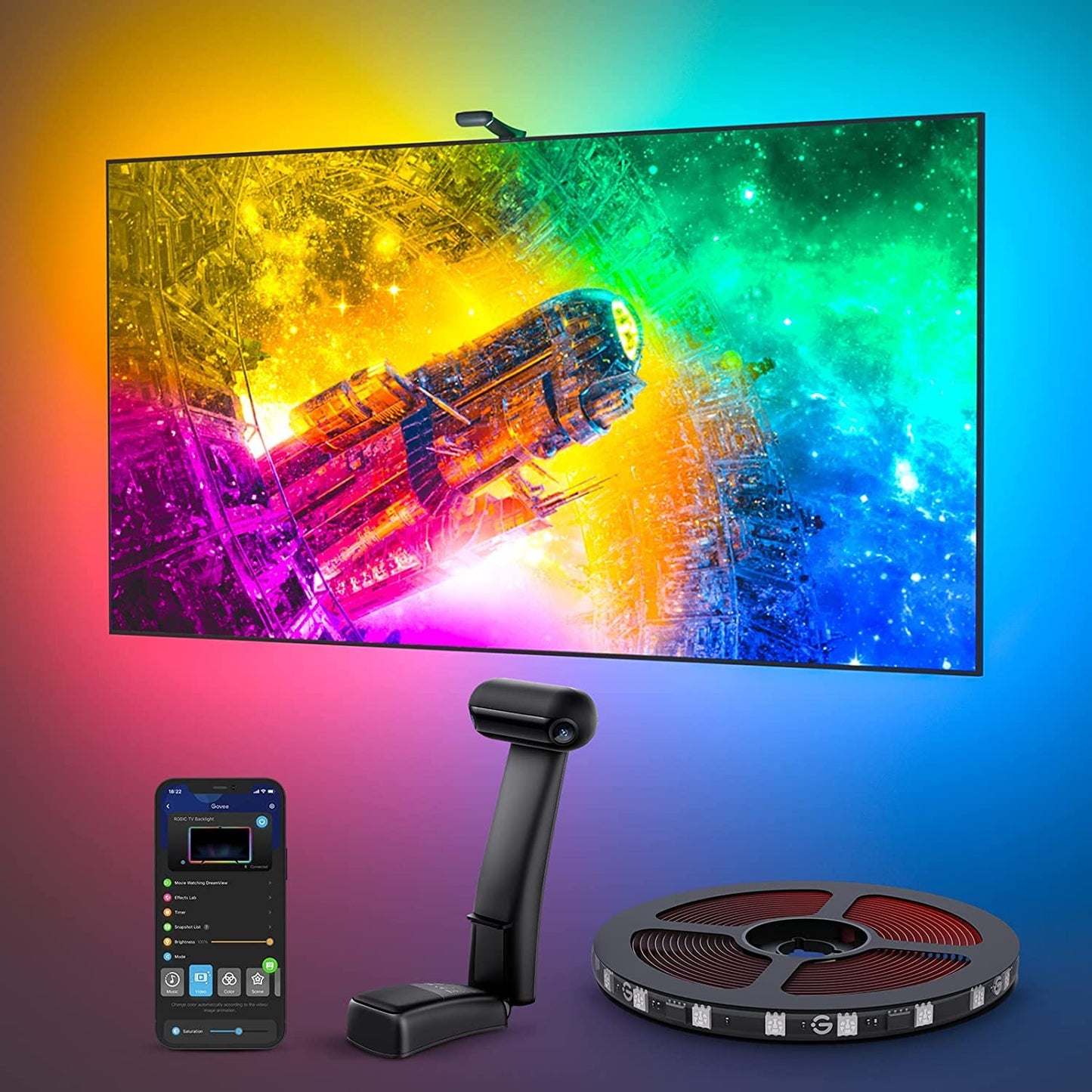 Govee Envisual TV LED Backlight T2 with Dual Cameras, 11.8ft RGBIC Wi-Fi LED Strip Lights for 55-65 inch TVs, Double Strip Light Beads, for Christmas Decorations, Smart App Control, Music Sync