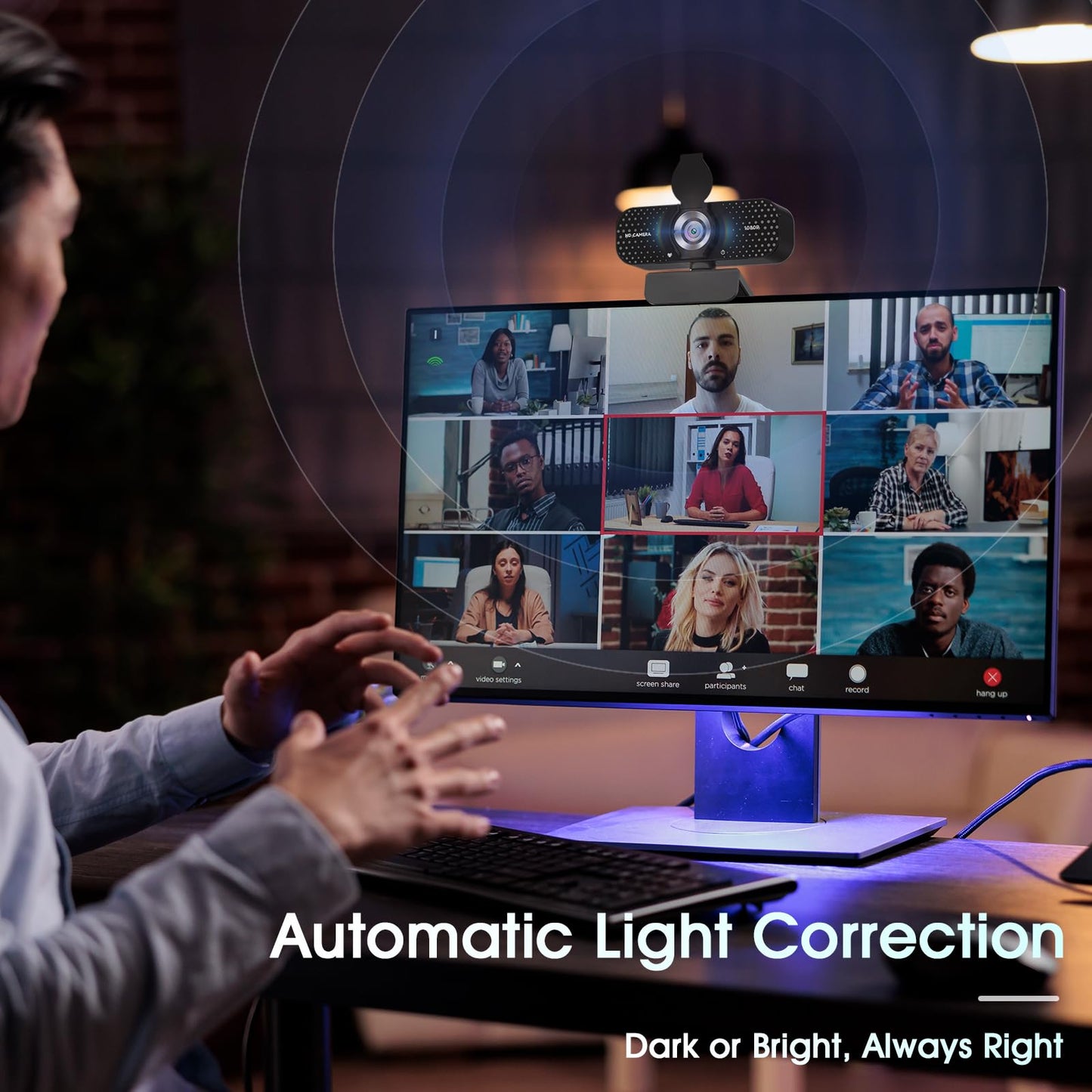 TRAUSI 1080P HD Webcam with Microphone, Noise Cancellation, Privacy Cover, Wide-Angle Lens, Auto Light Correction, Plug & Play USB Webcam for Laptop, Desktop, PC, Mac, Zoom, Skype, Streaming Black