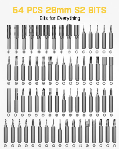 Fanttik Electric Screwdriver Kit, Precision Screwdriver Set, 64 Magnetic Bits, 12 Types Fix Tools, 0.05/0.2 N.m, Repair Tool for Phone Laptop Watch Electronics - E1 NEX Workstation
