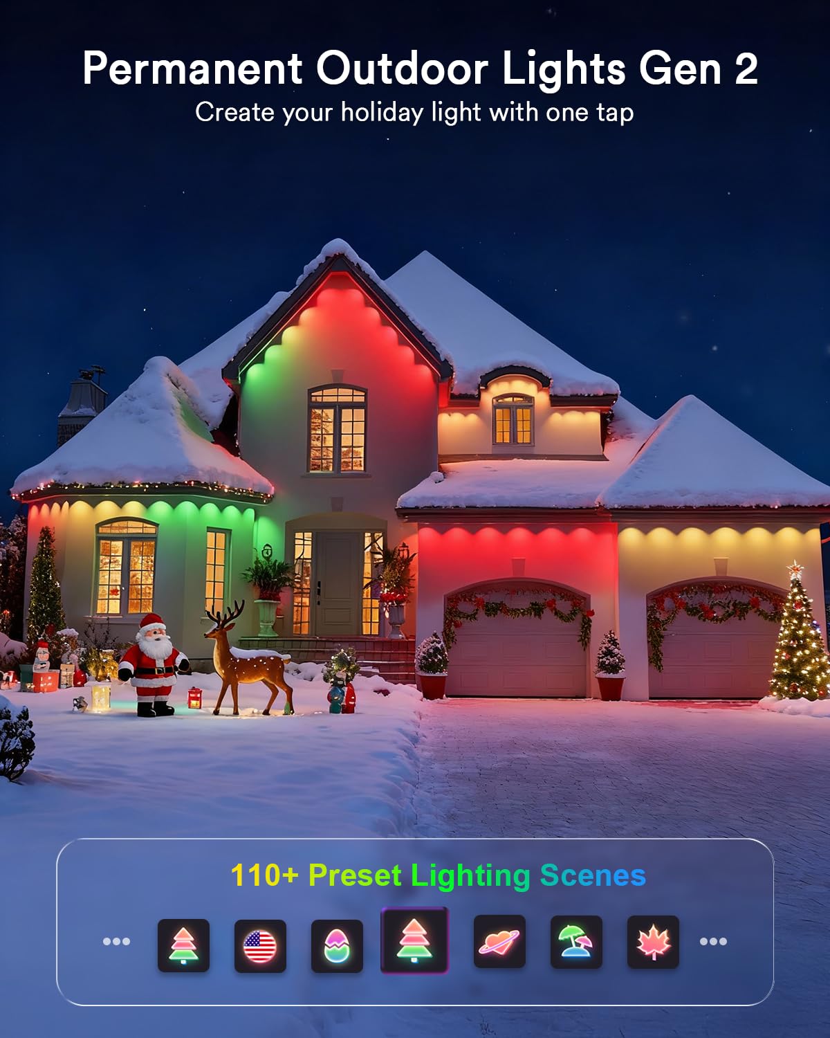 Lumary Permanent Outdoor Lights 2 with Remote, 200ft with 120 RGBAICW LEDs 7200lm for Daily & Accent Lighting, 110+ Scene Modes for Christmas Decor, IP67 Waterproof, Work with Alexa, Google, White