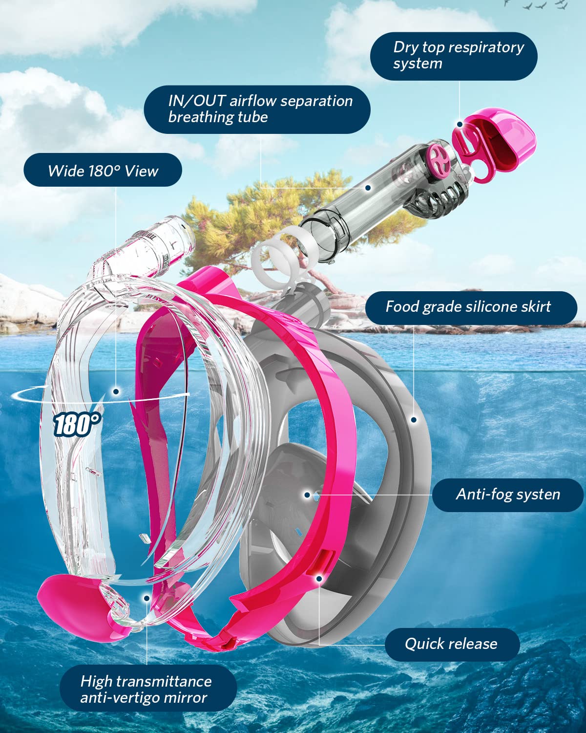 QingSong Full Face Snorkel Mask for Adults, Snorkeling Gear with Camera Mount, Foldable 180 Degree Panoramic View Snorkeling Set Anti-Fog Anti-Leak