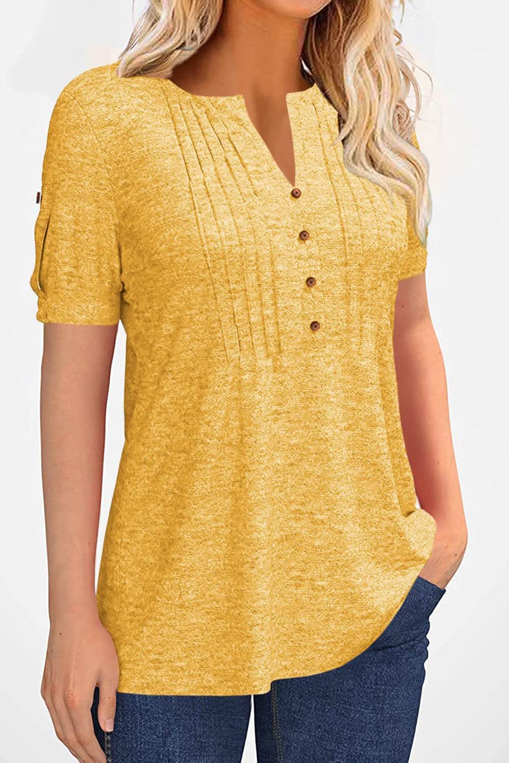 Women's Zipper Summer Pleated Button Short Sleeve T-Shirt Summer V-Neck Solid Color Casual top Yellow