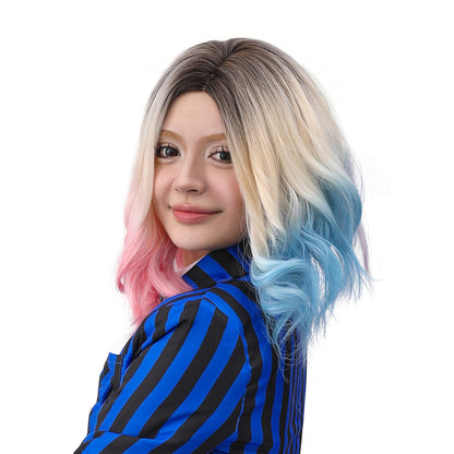 MUPUL Pink And Blue Wig Short Wavy Wig Halloween Costume Wigs For Women