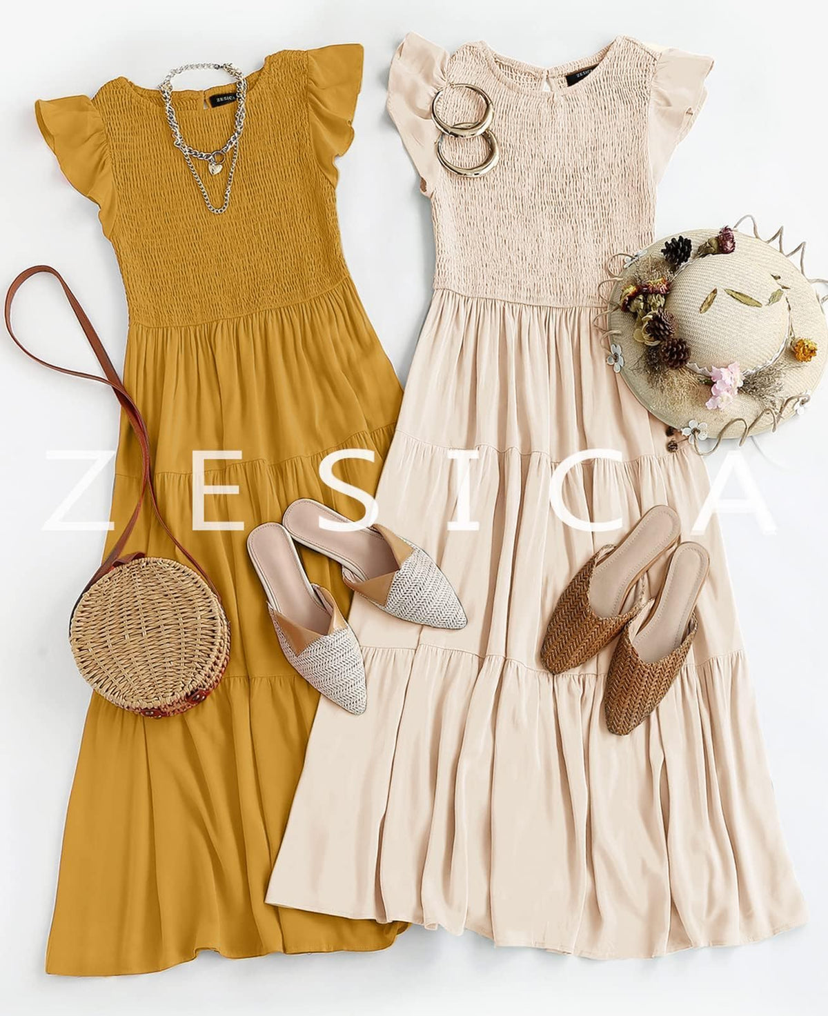 ZESICA Women's 2025 Summer Casual Flutter Short Sleeve Crew Neck Smocked Elastic Waist Tiered Midi Dress,Apricot,X-Small