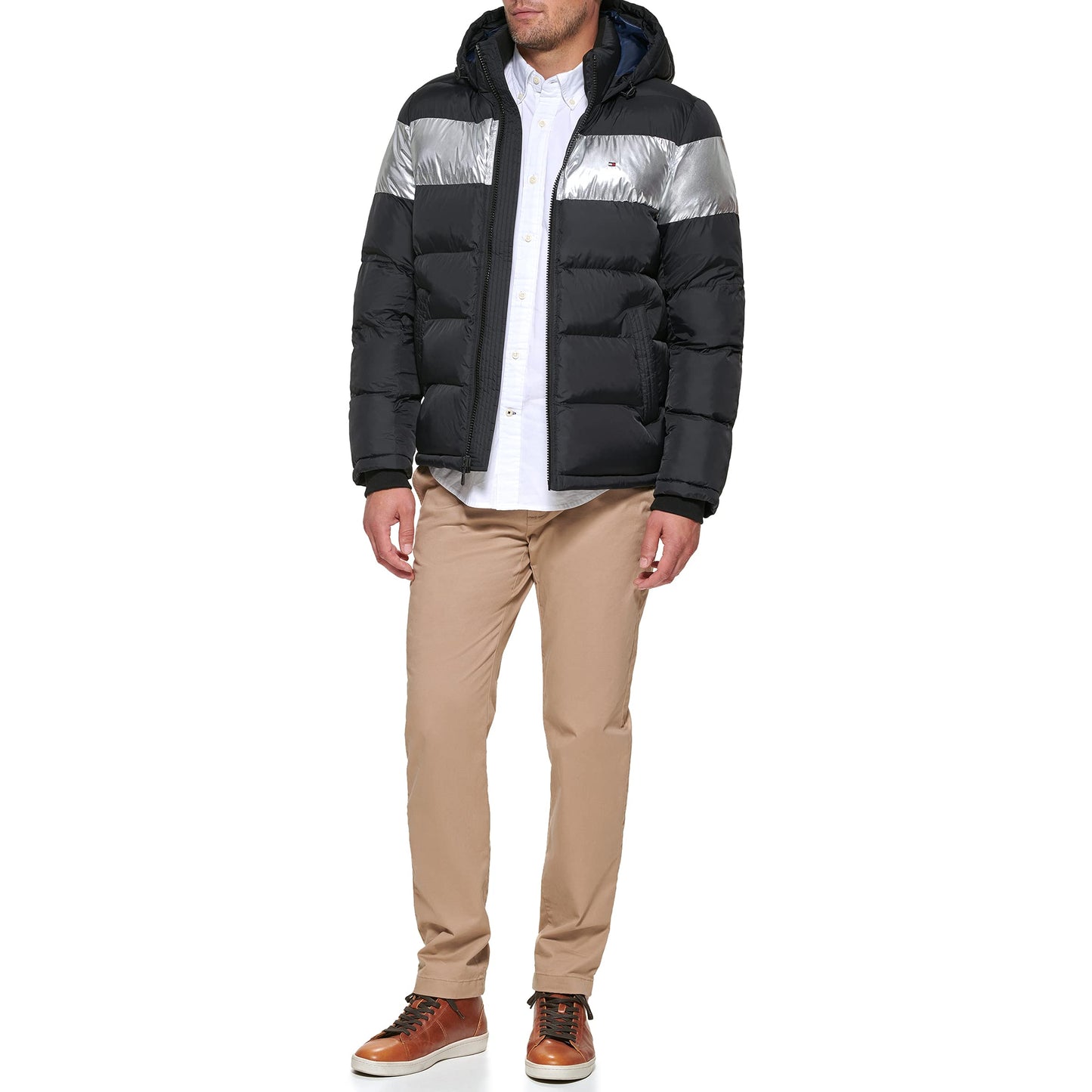 Tommy Hilfiger Men's Hooded Puffer Jacket, Black Silver Stripe, XX-Large