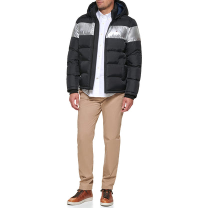 Tommy Hilfiger Men's Hooded Puffer Jacket, Black Silver Stripe, XX-Large