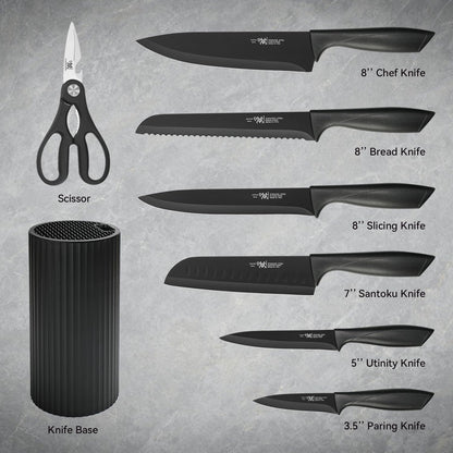 HUNTER.DUAL Knife Set, 8-Piece Kitchen Knife Set for Chef, Sharp Knife Set with Universal Knife Block, Anti-Rust Kitchen Knife Block Set, Ergonomical Design (Black)