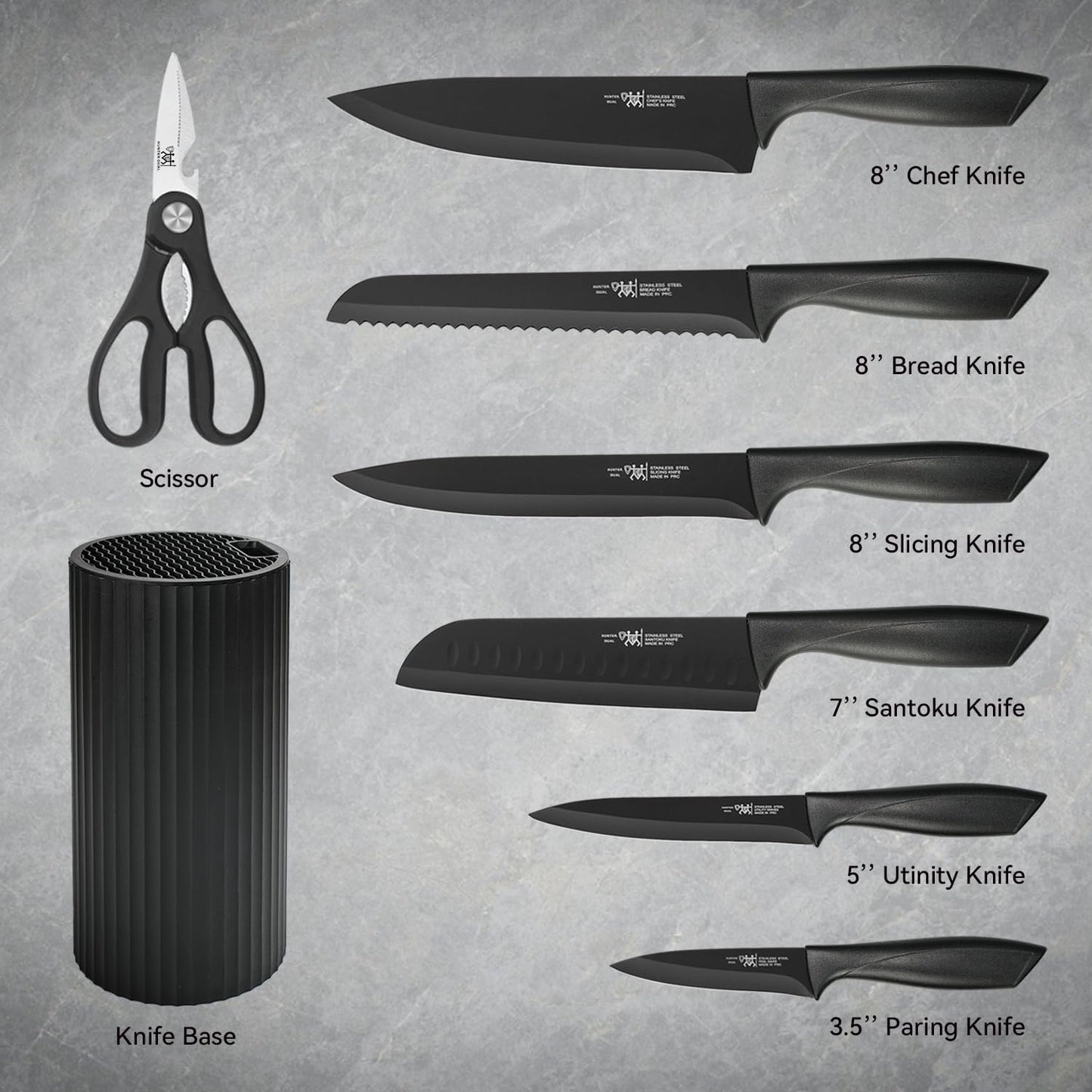 HUNTER.DUAL Knife Set, 8-Piece Kitchen Knife Set for Chef, Sharp Knife Set with Universal Knife Block, Anti-Rust Kitchen Knife Block Set, Ergonomical Design (Black)