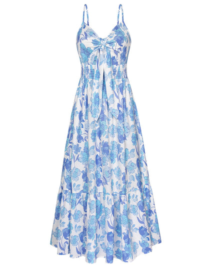GRACE KARIN Women's 2025 Summer Boho Floral Printed Spaghetti Strap Tie Front V Neck Ruffle A Line Swing Beach Dresses