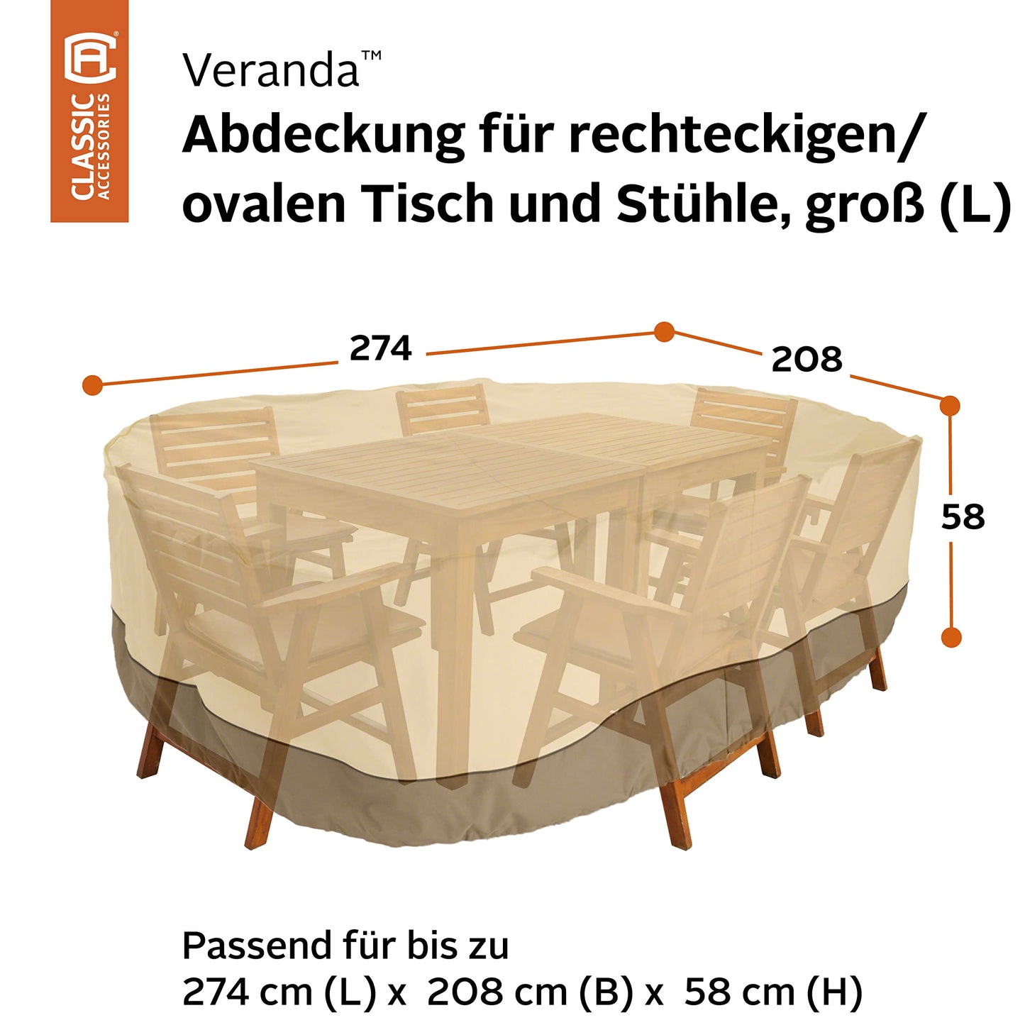 Classic Accessories Veranda Water-Resistant 108 Inch Rectangular/Oval Patio Table & Chair Set Cover, Outdoor Table Cover