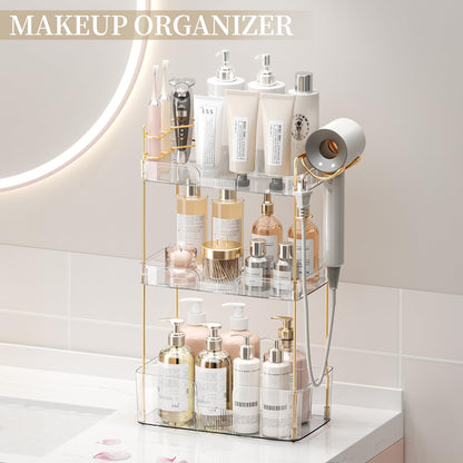 shuang qing Bathroom Counter Organizer with Hair Dryer Holder, Hair Tool Countertop Storage, Cosmetics Skincare Shelf Organizer, Makeup Organizer Perfume for Dresser Vanity Tray(3 Tier-White)