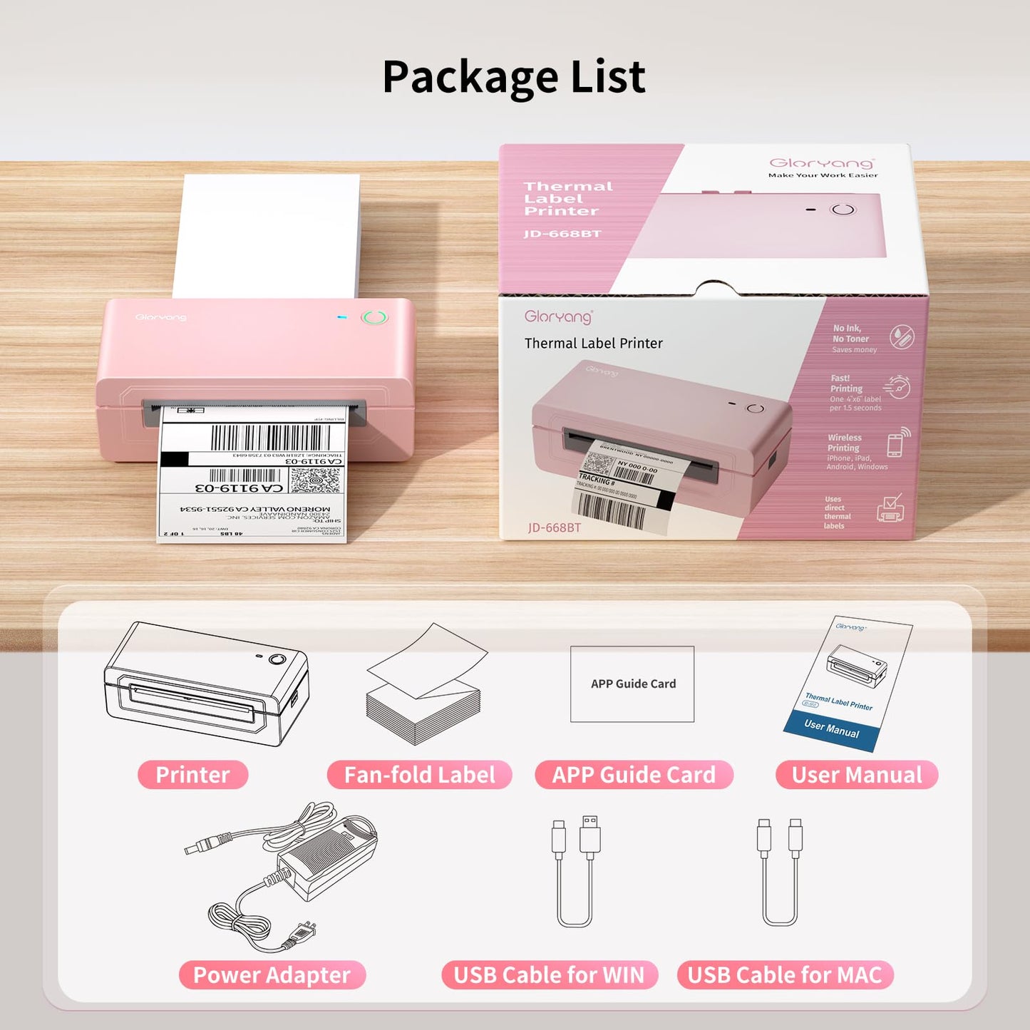 Gloryang Bluetooth Thermal Shipping Label Printer, 4X6 Inkless Label Machine for iOS, Android, Laptop, Wireless Printer for Small Business, Compatible with Amazon, UPS, Shopify, Pink