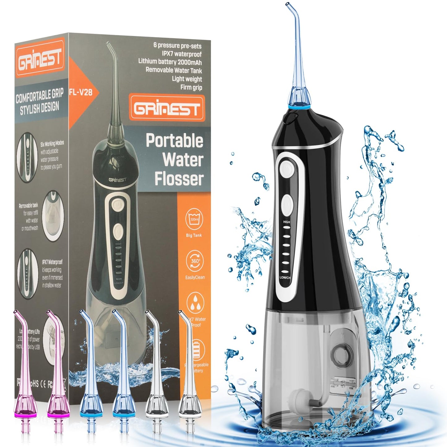 Water Dental Flosser Pick for Teeth,Grinest Cordless Water Dental pik Teeth Cleaner 7 Modes Rechargeable Oral Irrigator Portable IPX7 Waterproof Tooth flossing Cleaning for Home Travel-Black