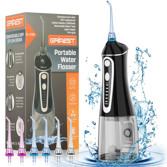 Water Dental Flosser Pick for Teeth,Grinest Cordless Water Dental pik Teeth Cleaner 7 Modes Rechargeable Oral Irrigator Portable IPX7 Waterproof Tooth flossing Cleaning for Home Travel-Black