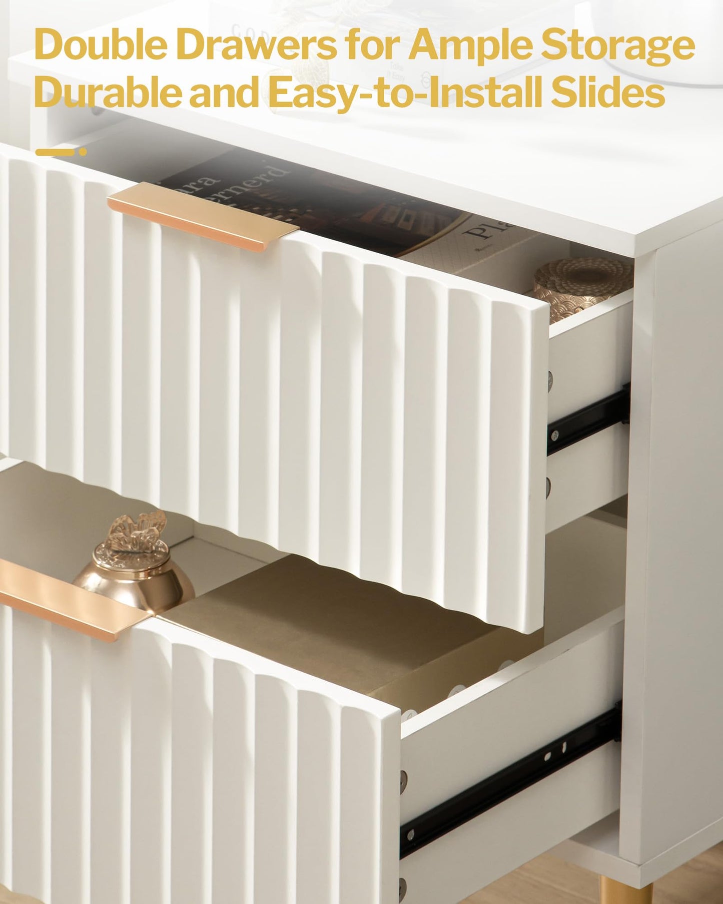 SICOTAS White Night Stand, Fluted Glossy Nightstand with 2 Drawers, Wide Modern Storage Bedside Table for Bedroom, End Side Table with Golden Metal Legs and Handles (White, 1 Piece)