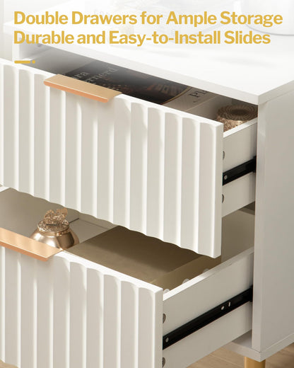SICOTAS White Night Stand, Fluted Glossy Nightstand with 2 Drawers, Wide Modern Storage Bedside Table for Bedroom, End Side Table with Golden Metal Legs and Handles (White, 1 Piece)