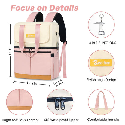 Scothen Backpack Cooler with Double Decker & 12 Ice Packs- Keeps 36 Cans Cold for Up to 8 Hours- Waterproof & Leak Proof Insulated Cooler Backpack- Stylish Cooler Bookbag for Women Travel Work Beach