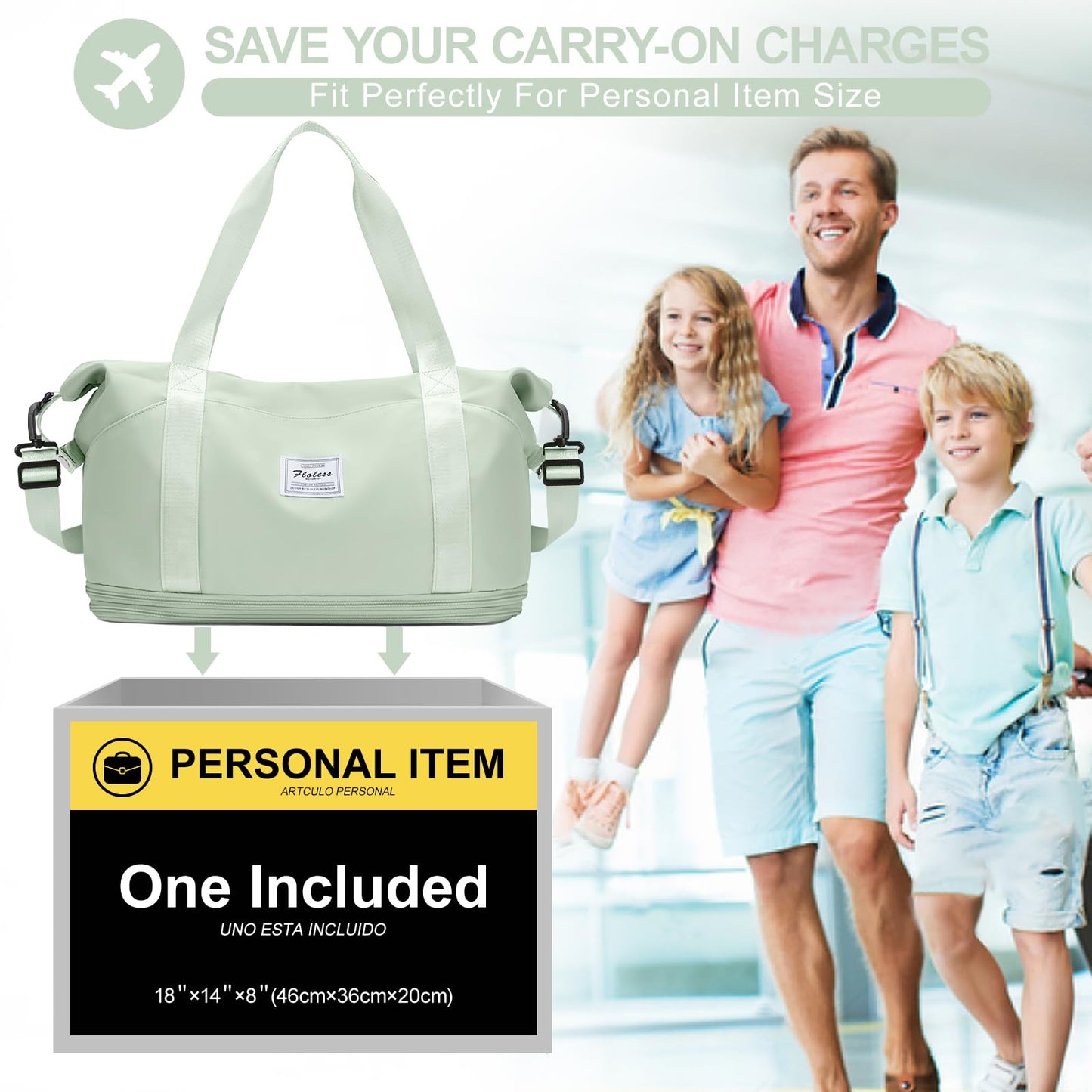 Travel Duffel Bag, Double Expansion Sport Tote Gym Bag, Waterproof Weekender Carry On Overnight Bags for Women Men with Trolley Sleeve Wet Pocket Bag, MintGreen