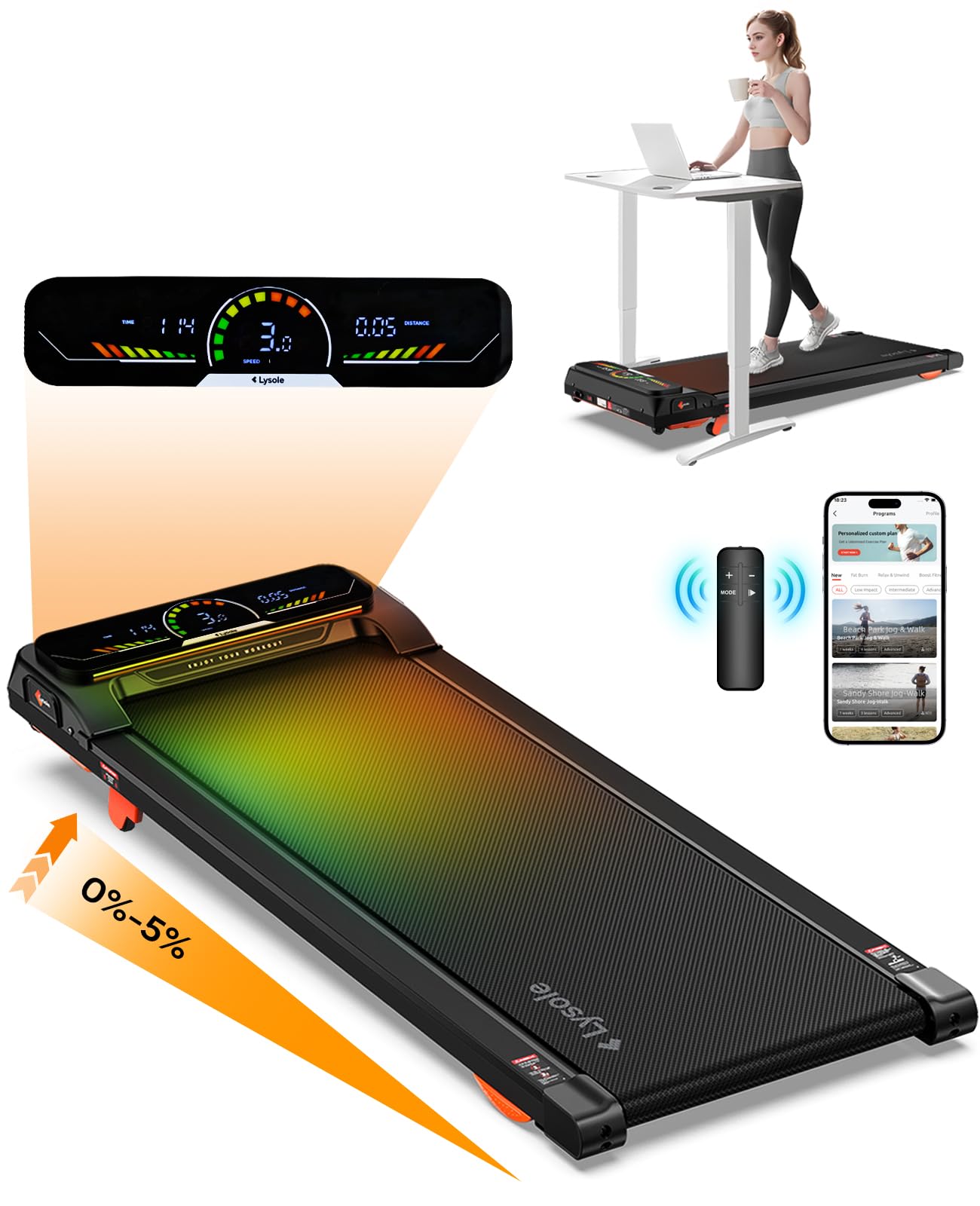 Lysole Walking Pad Treadmill with Incline,Treadmills for Home and Office,340 Lb Capacity,4 in 1 Portable Under Desk Treadmill with APP and Remote Control,Large LED Display