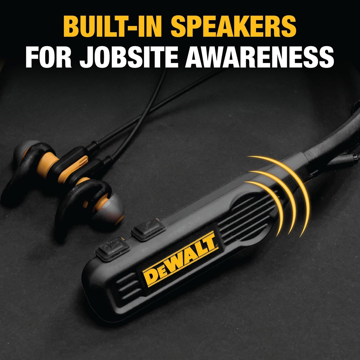 DEWALT Heavy Duty Black Edition 2-in-1 Neckband Bluetooth Headphones w/Built-in Speakers, Jobsite Wearable Speaker & Around Neck, Wireless Headset, 60+ Hrs Hands-Free Music & Calls, Carry Pouch