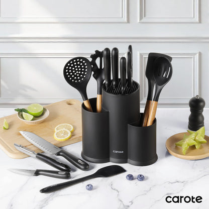 CAROTE 16 Pieces Kitchen Utensils Set, Silicone Cooking Utensils Set with Wooden Handle, Stainless Steel Knife Set with Block, Kitchen Utensil Gadgets Cutlery with Anti-slip Handle, Black