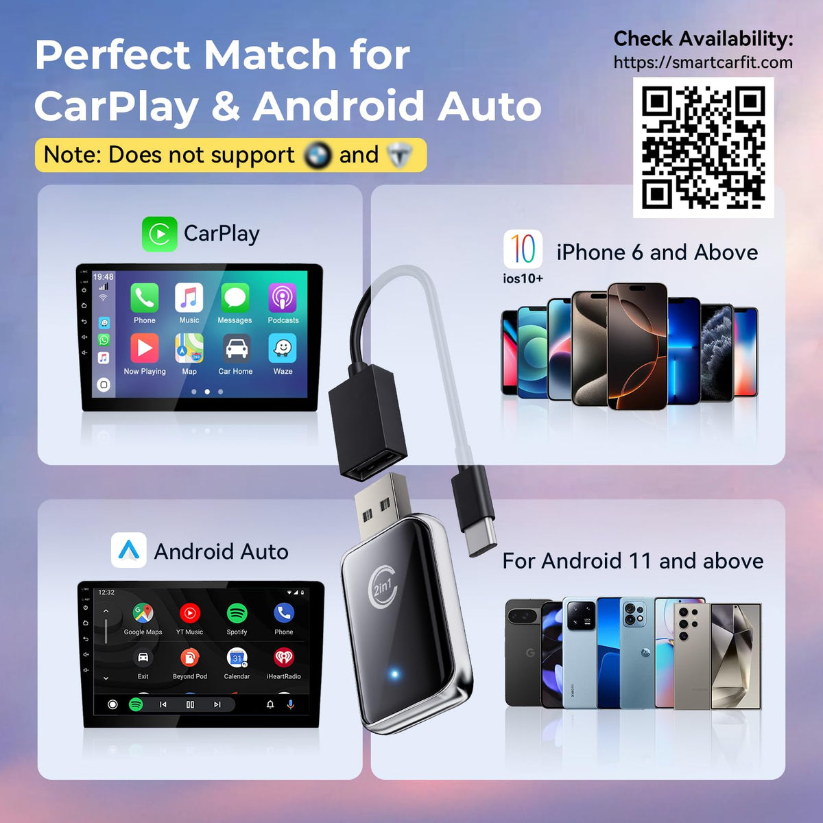 Wireless Carplay Adapter for iPhone, Convert Wired Carplay to Wireless, 2 in 1 Plug and Play Android Auto and Carplay Adapter for iOS 10 Android 11 and Above, Cars with Built-in Carplay (Silver)
