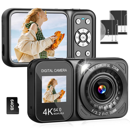 QUOLODOO Digital Camera, 4K 64MP Dual Screens Camera, 18X Zoom, Point and Shoot Digital Camera with 64GB TF Card & 2 Batteries, Portable Rechargeable Small Camera for Kids Teens Adult, Black