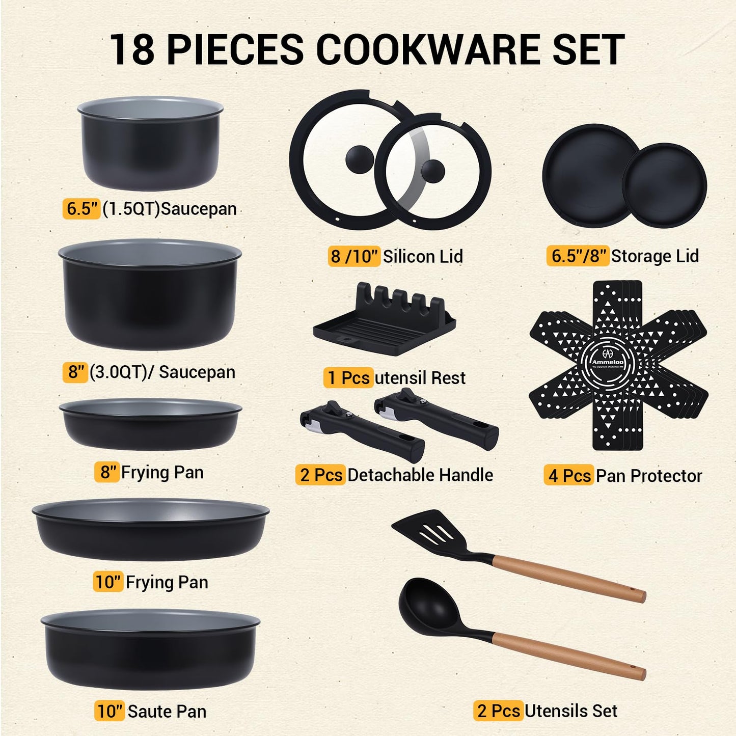 Ammeloo 18 Pcs Ceramic Pots and Pans Set Non Stick Kitchen Cookware Set with Detachable Handle, Non Toxic Cooking Set with Removable Handle for RVs, Camping, Fridge, Dishwasher/Oven Safe