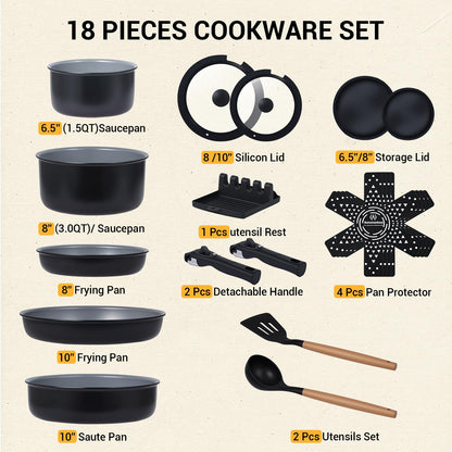 Ammeloo 18 Pcs Ceramic Pots and Pans Set Non Stick Kitchen Cookware Set with Detachable Handle, Non Toxic Cooking Set with Removable Handle for RVs, Camping, Fridge, Dishwasher/Oven Safe