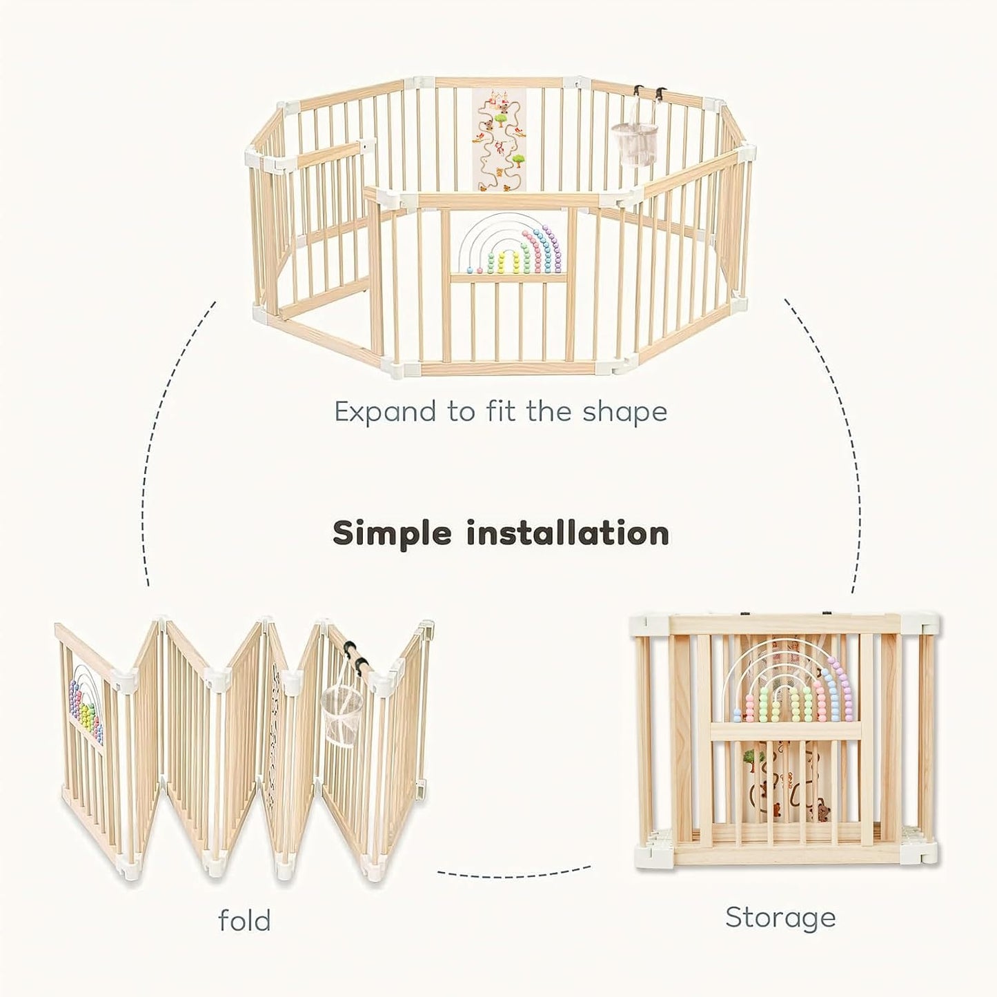 Ulnxiy Foldable Wooden Baby Playpen Activity Center,Adjustable Size & Shape Portable Play Yard, Baby Fence Play Area with Gate for Indoor Use for Babies and Toddlers(56x56x24inches)