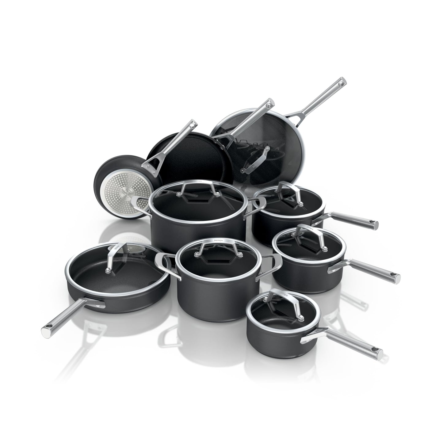Ninja Cookware, Ninja NeverStick Professional, 16-Piece Pots and Pans Set, Non Stick Frying Pans, Kitchen Essentials, Stock Pot, Sauce Pan, Glass Lids, Saute Pan, All Stovetops, Black, C39900