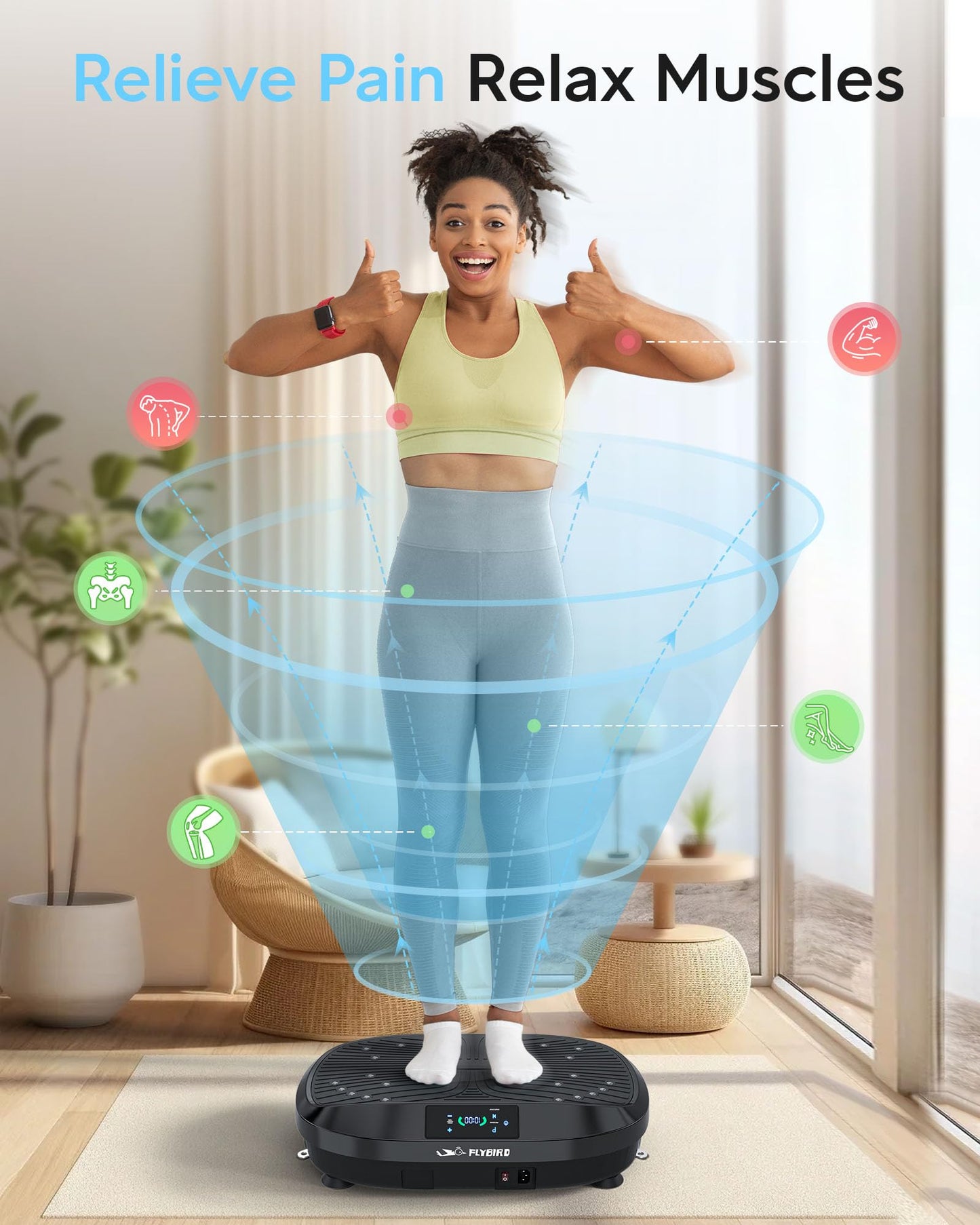 FLYBIRD Vibration Plate Exercise Machine, Lymphatic Drainage Machine, Whole Body Workout Vibration Platform w/ 2 Resistance Bands for Wellness and Fitness-Black