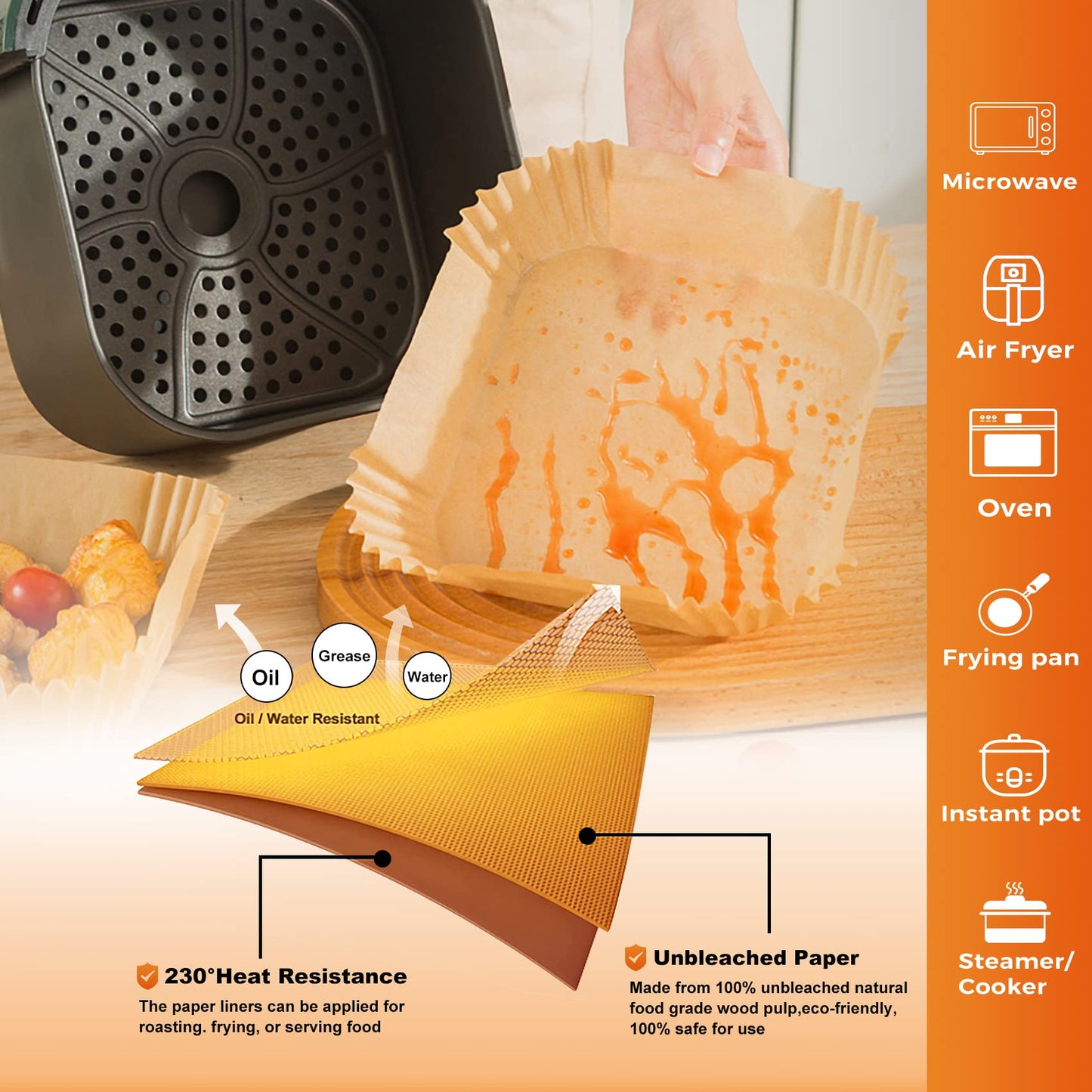 Vailnd 9inch Square Air Fryer Disposable Paper Liners, 125PCS Non-Stick Food Grade Air Fryer Parchment Liner, Oil Resistant, Waterproof, Food Grade Baking Paper for 8-12 QT Air Fryer Microwave