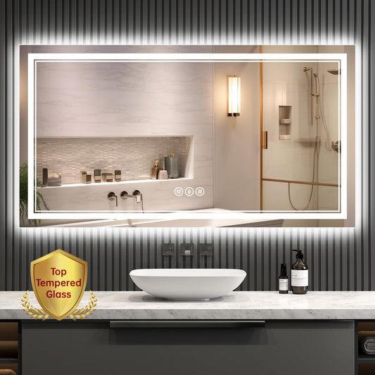 SOGOLINE 55x30 Inch Lighted Bathroom Mirror for Wall, Tempered Glass Smart Led Bathroom Mirror with Anti-Fog, Stepless Dimmable, 3 Colors, Memory, Brighter Led Bathroom Vanity Mirror