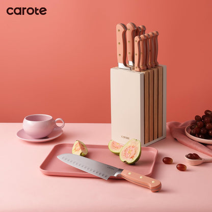 CAROTE 11 Pieces Knife Set with Block for kitchen, Stainless Steel Razor-Sharp Blade, Triple Riveted Ergonomic Handle, Wooden Magnetic Block, Essential Knife Block Set, Pink