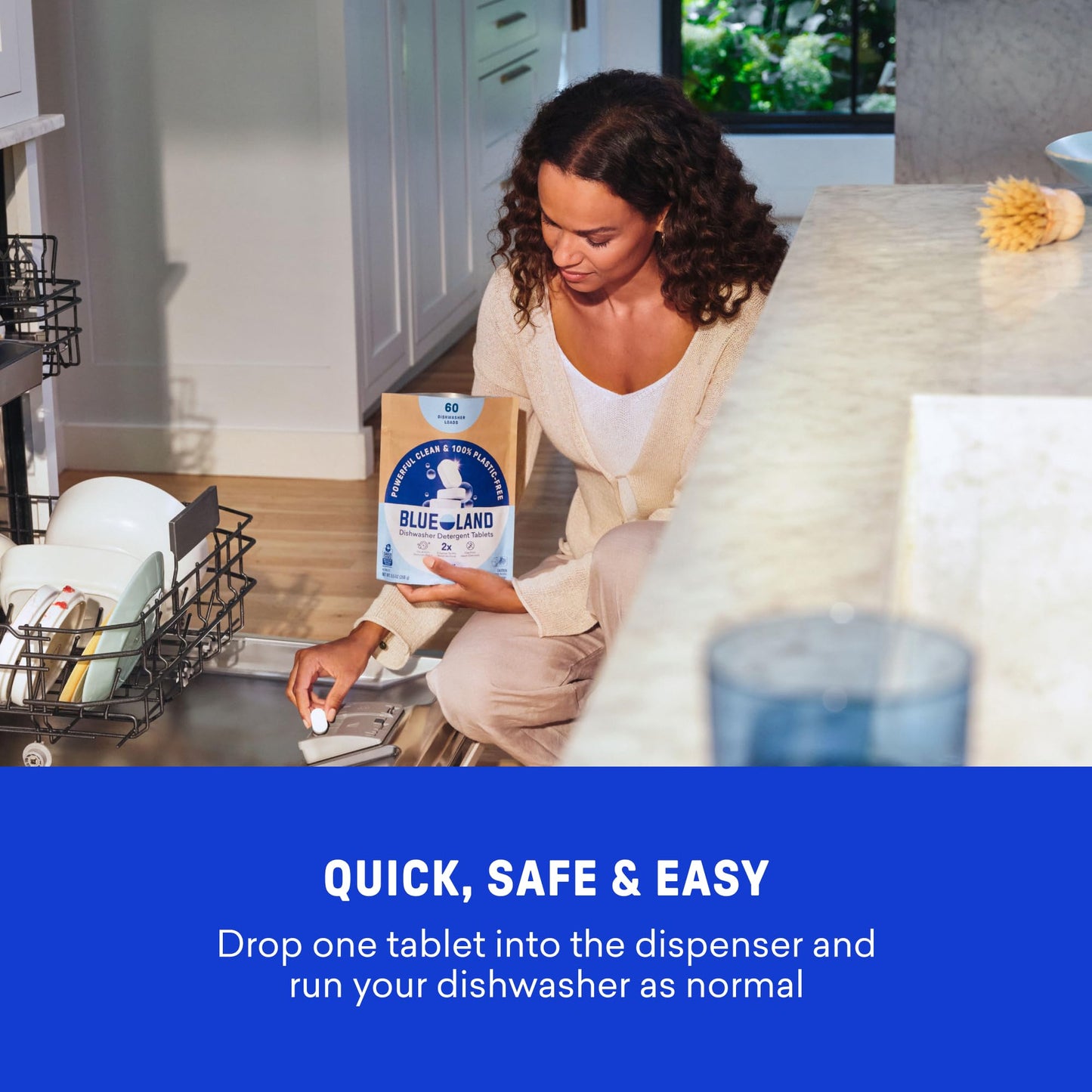 BLUELAND 100% Plastic-Free Dishwasher Detergent Tablets, 60 Count, Free & Clear, Eco-Friendly Dishwashing Pods, Natural, USDA Certified biobased
