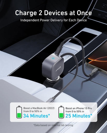 Anker USB-C Car Charger, 75W Max Ultra-Compact Type-C Fast Car Charger with Built-in USB-C Retractable Cable, Car Adapter for iPhone 16/15 Series, MacBook Pro/Air, iPad, Galaxy, AirPods, and More