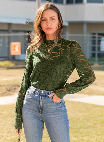 DOROSE Long Sleeve Shirts for Women Dressy Casual Lace Top Dark Green Christmas S