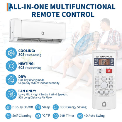 9000 BTU Mini Split AC w/Remote Control19 SEER2 Cools Up to 450 Sq. Ft,Ductless Inverter Mini Split System w/0.75 Ton Heat Pump Pre-Charged & Installation Kit, Ultra-Quiet