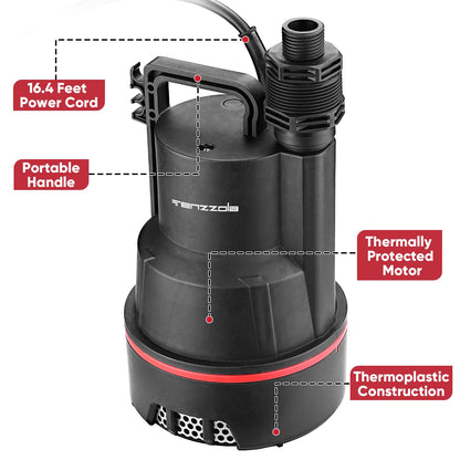 Tenzzola Sump Pump, 1/3 HP 2400GPH Submersible Utility Water Pump, Thermoplastic Portable Electric Water Removal Transfer Pump with 16.4FT Cord for Swimming Pool Basement Garden Pond Tubs Draining