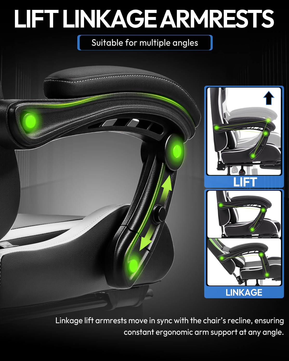 Ergonomic Gaming Chair with Footrest, Heavy Duty 330lbs Office Chair, Massage Lumbar Support, Adjustable Height & Headrest Pillow, Comfortable for Back Pain Relief, Streaming, Long Gaming, White