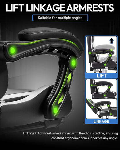 Ergonomic Gaming Chair with Footrest, Heavy Duty 330lbs Office Chair, Massage Lumbar Support, Adjustable Height & Headrest Pillow, Comfortable for Back Pain Relief, Streaming, Long Gaming, White