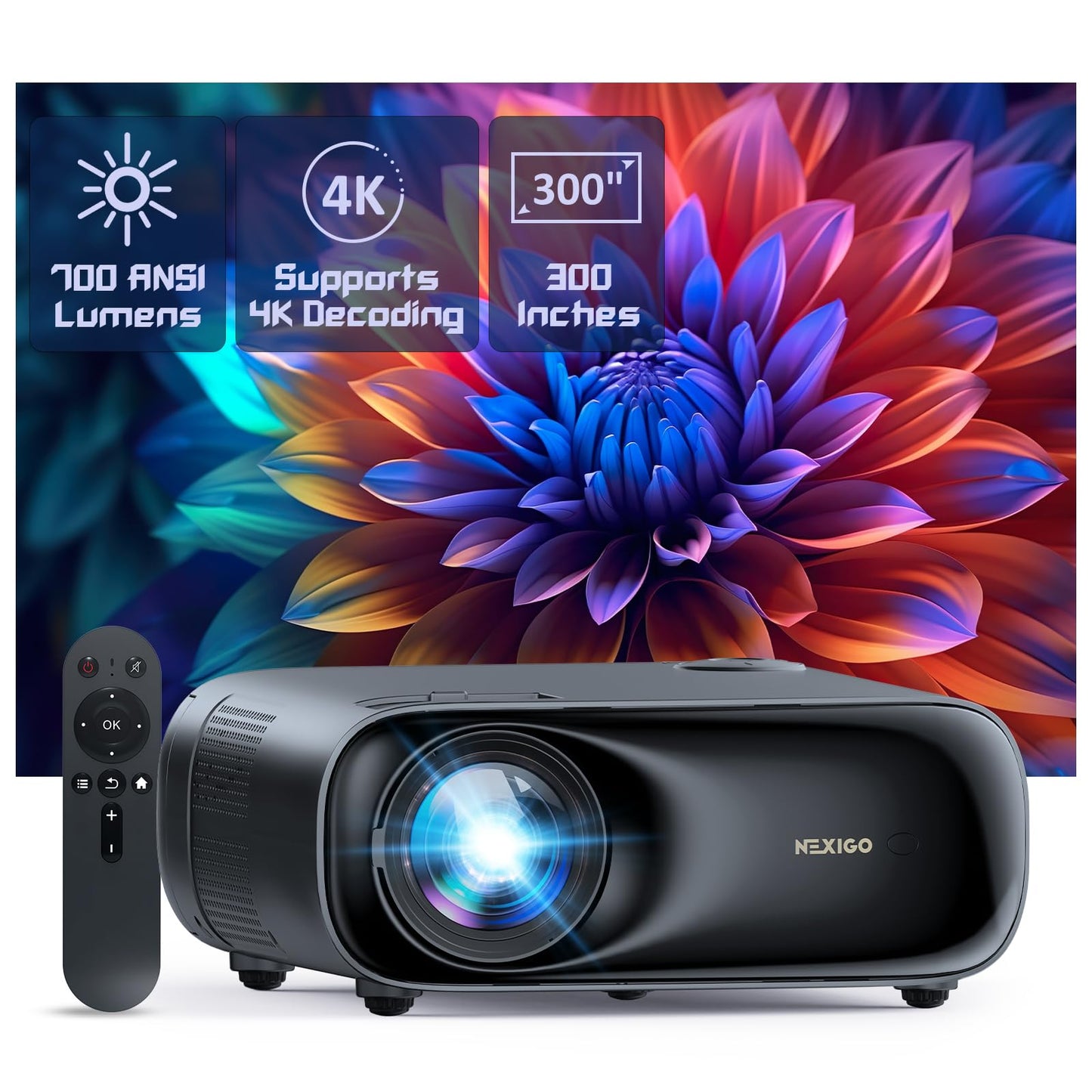 NexiGo PJ40 (Gen 3) Projector with WiFi and Bluetooth, D65 Calibrated, Native 1080P, 4K Supported, Projector for Outdoor Movies, 20W Speakers, Home Theater, Compatible w/TV Stick, iOS, Android