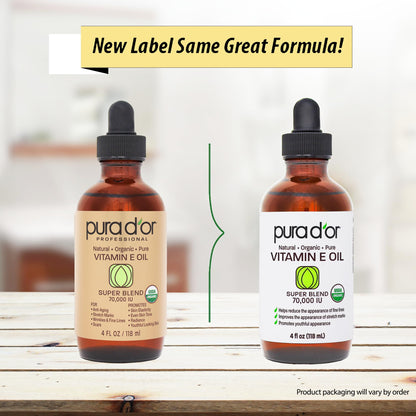 PURA D'OR 4 Oz ORGANIC Vitamin E Oil Blend 70,000 IU - 100% Natural Hexane Free, Sweet Almond, Apricot, Jojoba, Argan, Rosehip, Sunflower & Avocado Bath Oil For Scars, Skin, Face & Full Body